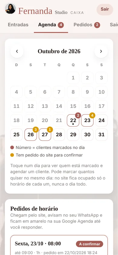 Agenda: tela do painel no celular