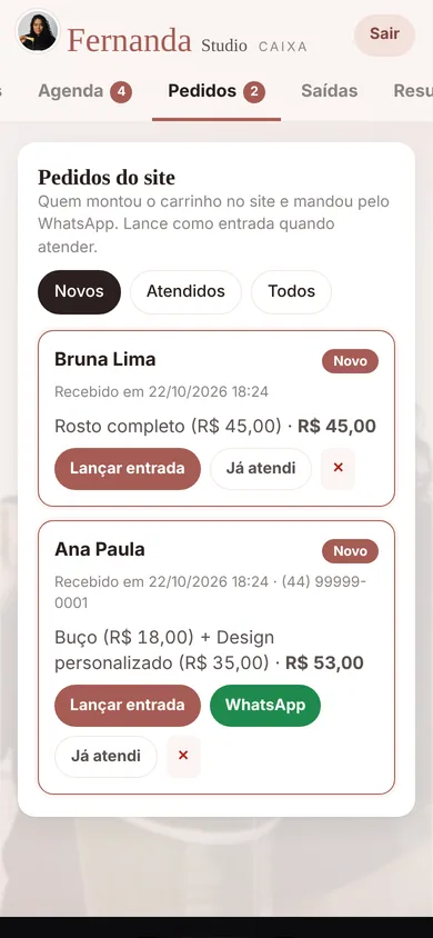 Pedidos do site: tela do painel no celular