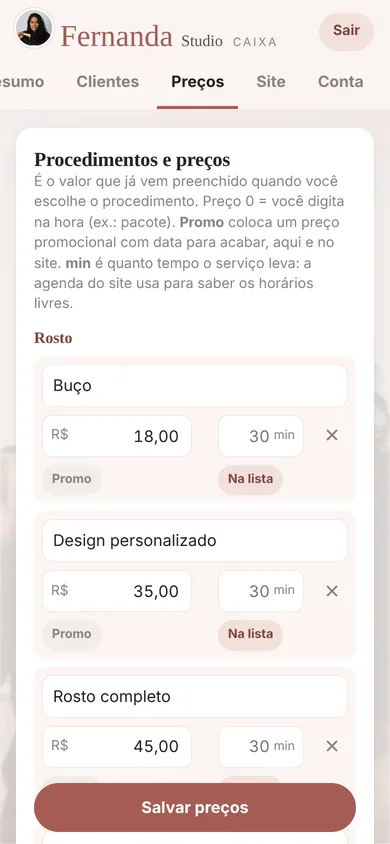 Preços e promoções: tela do painel no celular