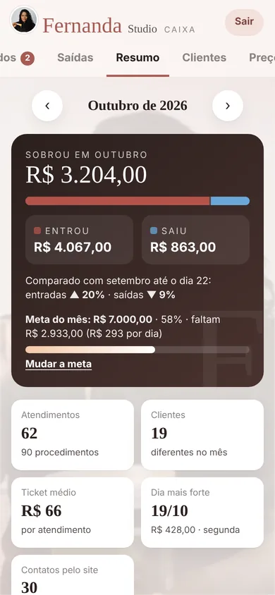 Resumo do mês: tela do painel no celular