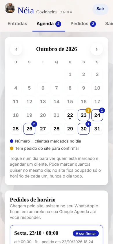 Agenda de eventos: tela do painel no celular