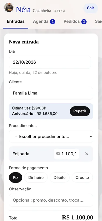 Lançar evento: tela do painel no celular